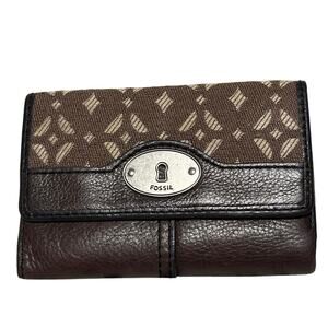 VINTAGE Fossil Maddox Brown Leather Jacquard Canvas Trifold Wallet